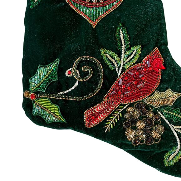 Neiman Marcus Embellished Green Velvet Christmas  Cardinal Stocking Holiday NEW - Picture 5 of 11